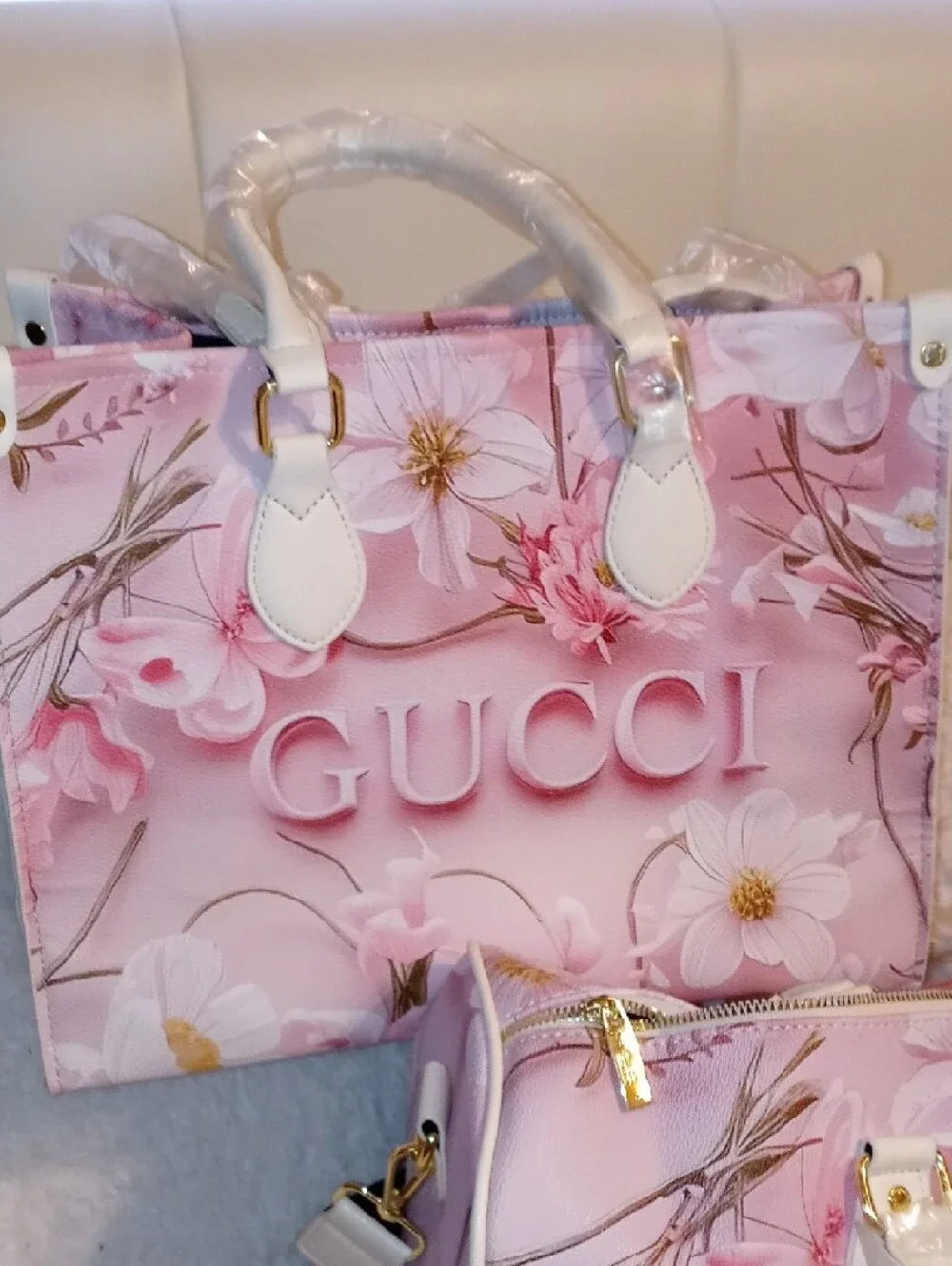 GUCCIDesigner Pink Floral Tote & Duffle Set